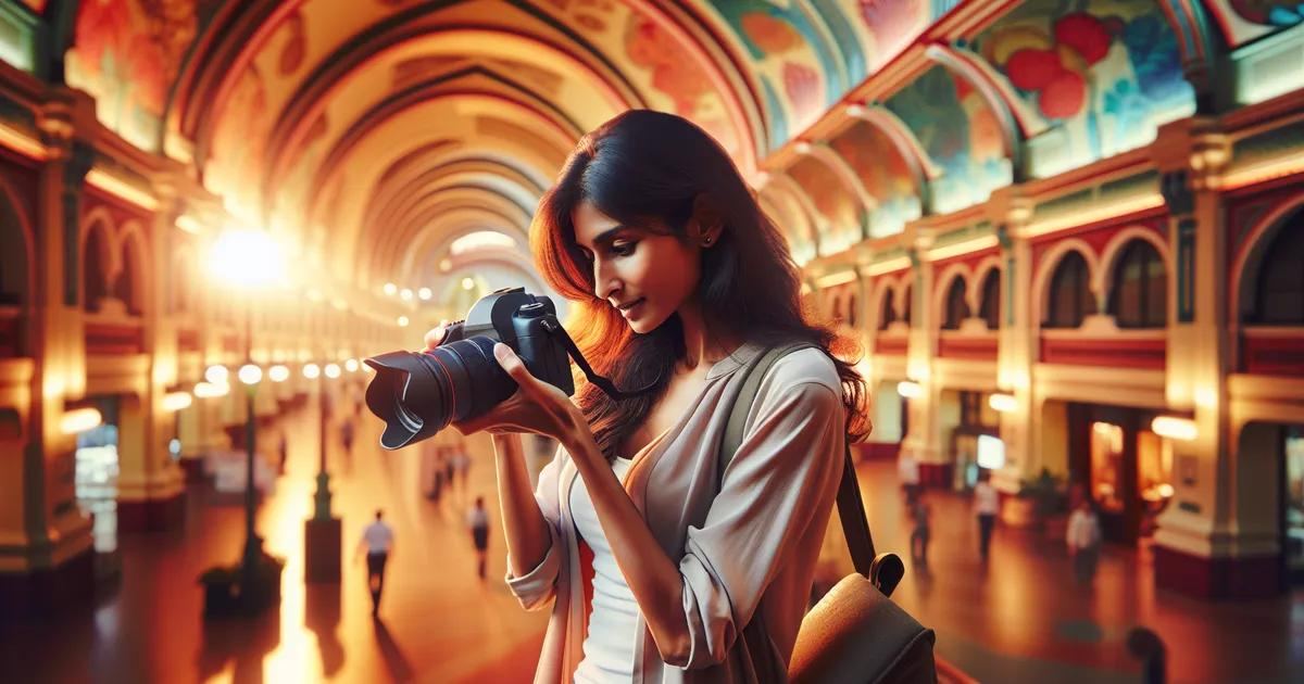 Capture an image depicting a South-Asian female professional photographer actively enjoying architectural photography