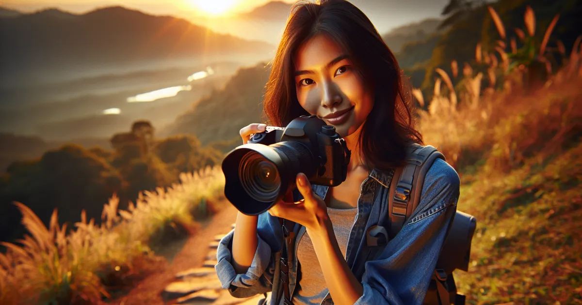 An Asian female photographer actively enjoying landscape photography