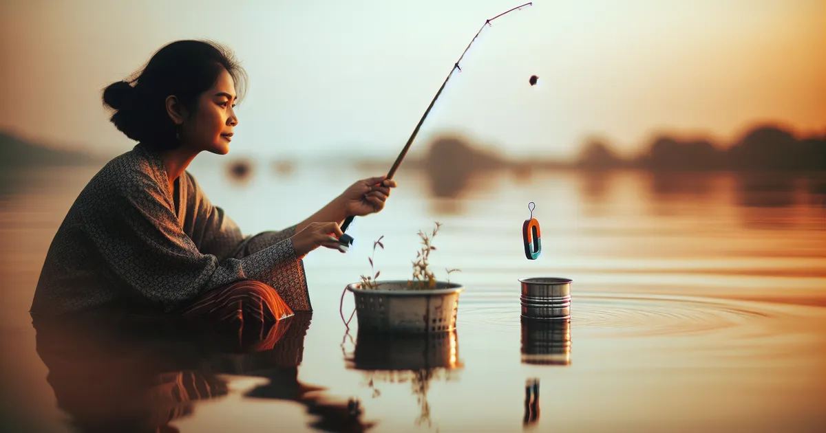 A woman fishing at sunset, exploring waterways for treasures in 'Is Magnet Fishing for you? Let's find out!'