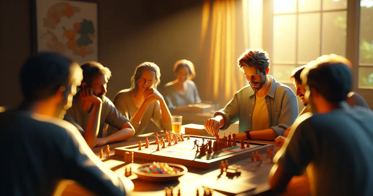 A depiction of an individual actively engaged in a friendly board game party