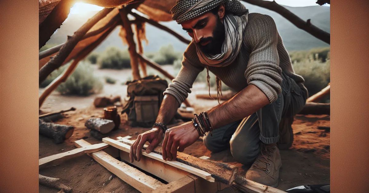 A Middle-Eastern man actively building a shelter in the wilderness