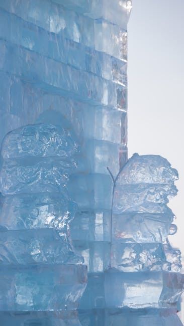 Close-up of clear ice sculptures showcasing intricate designs and textures, ideal for an article on ice sculpture.