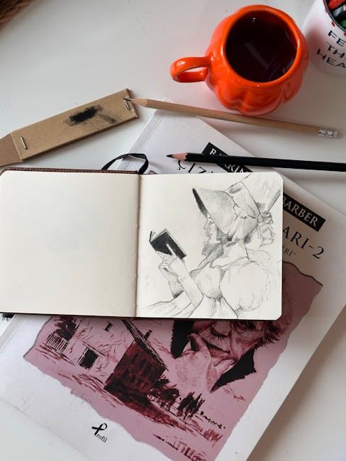 A sketchbook with a drawing of a figure, surrounded by art supplies and a cup.