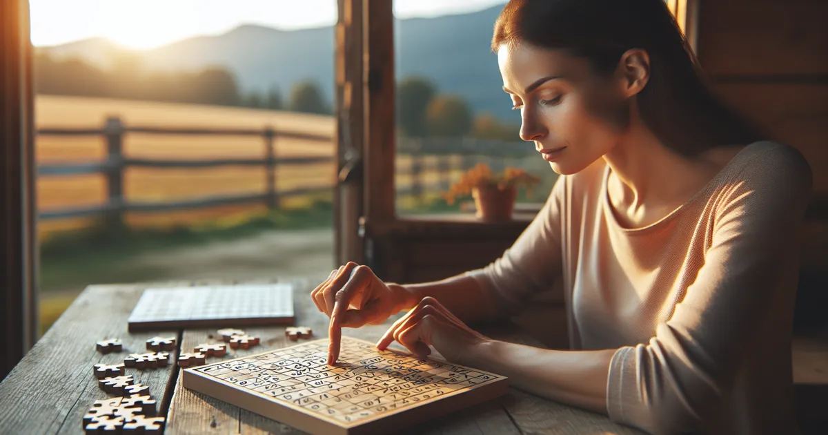A woman thoughtfully solving a KenKen puzzle, embodying the challenge of math and logic.