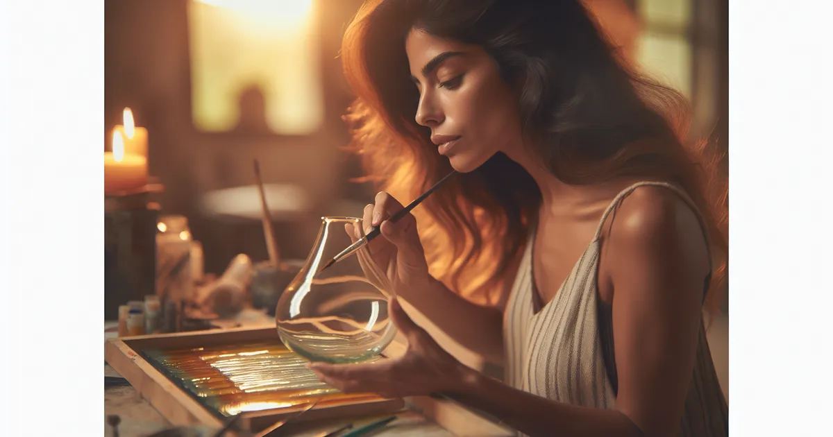 Capture a Hispanic woman in the process of creating a glass painting, fully engrossed and enjoying her endeavor