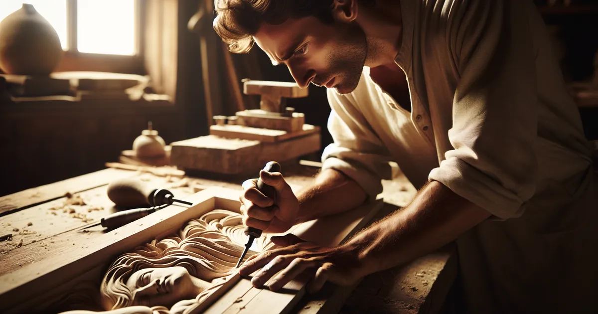 A Caucasian male deeply engaged in the process of relief carving