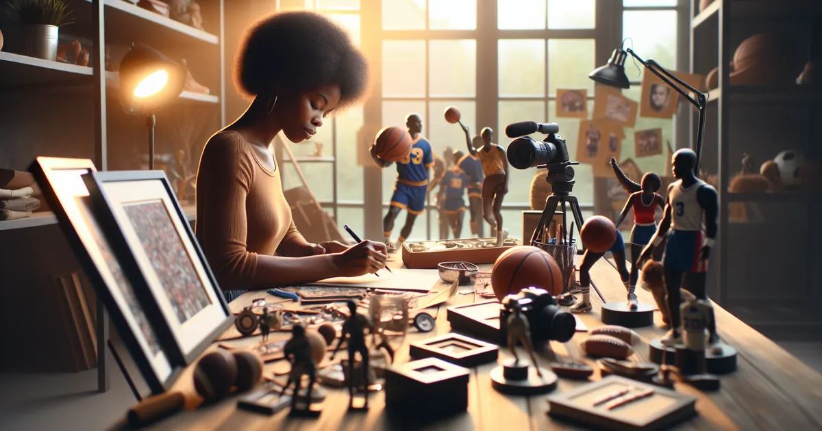 Create an image of a scene depicting a Black woman actively engaged in sports memorabilia collecting