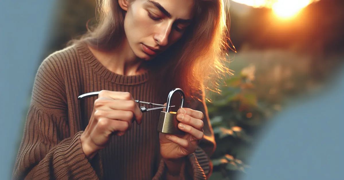 Create a high-resolution, realistic image involving a Caucasian woman indulging in the activity of lock-picking