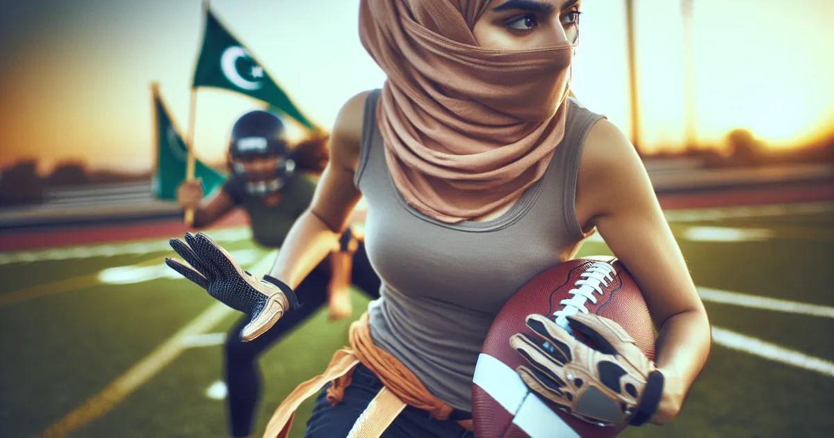 A high resolution image of a Middle-Eastern woman actively engaging in Flag Football