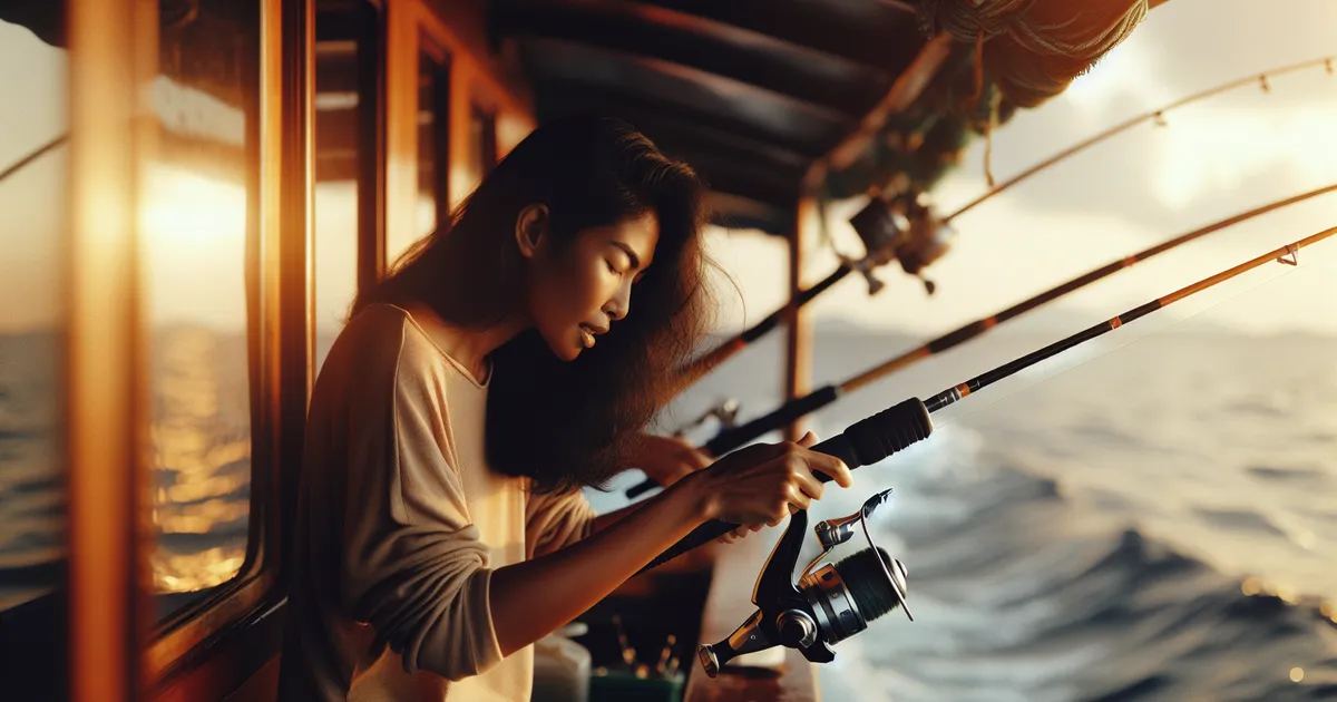 A South Asian woman is deep sea fishing, thoroughly engaged in her activity