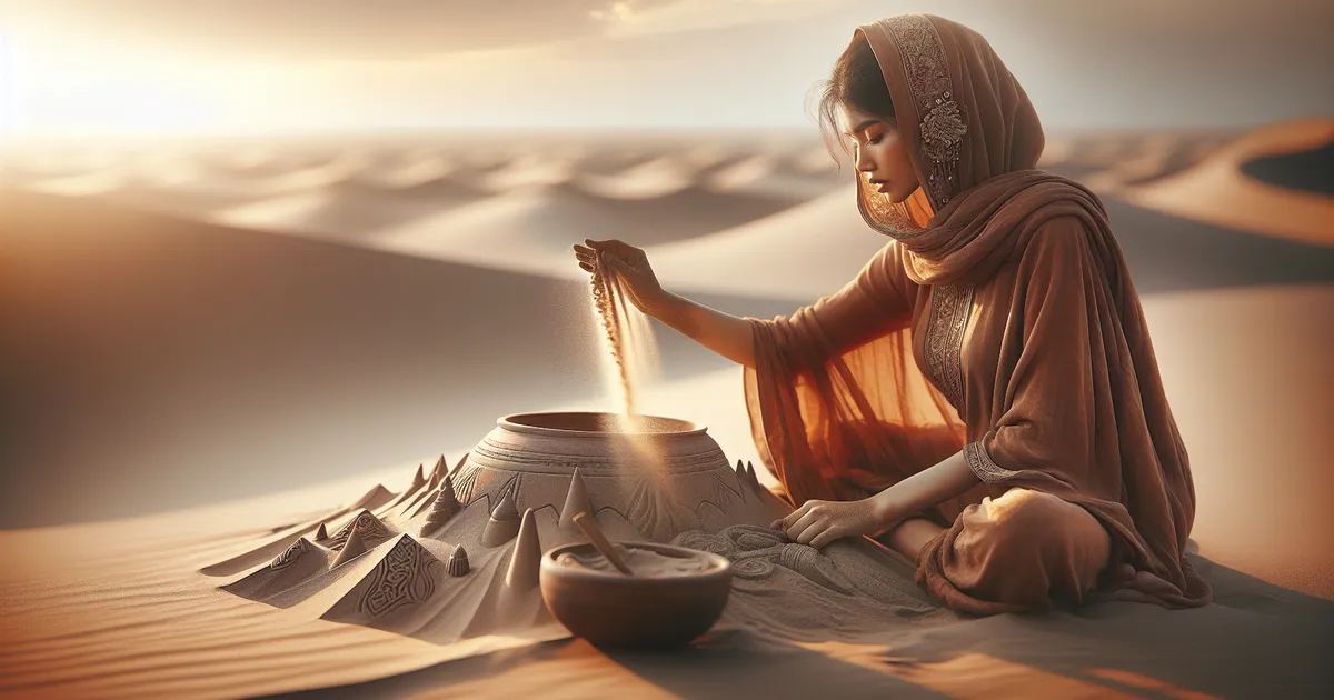 Capture a beautiful display of a South Asian woman deeply engaged in creating sand art