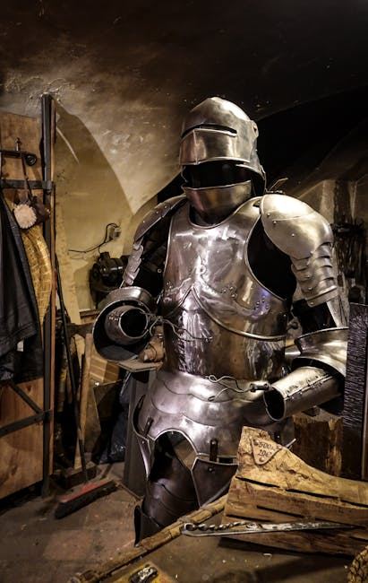 A full suit of shiny metal armor displayed in a workshop setting, representing armor making.