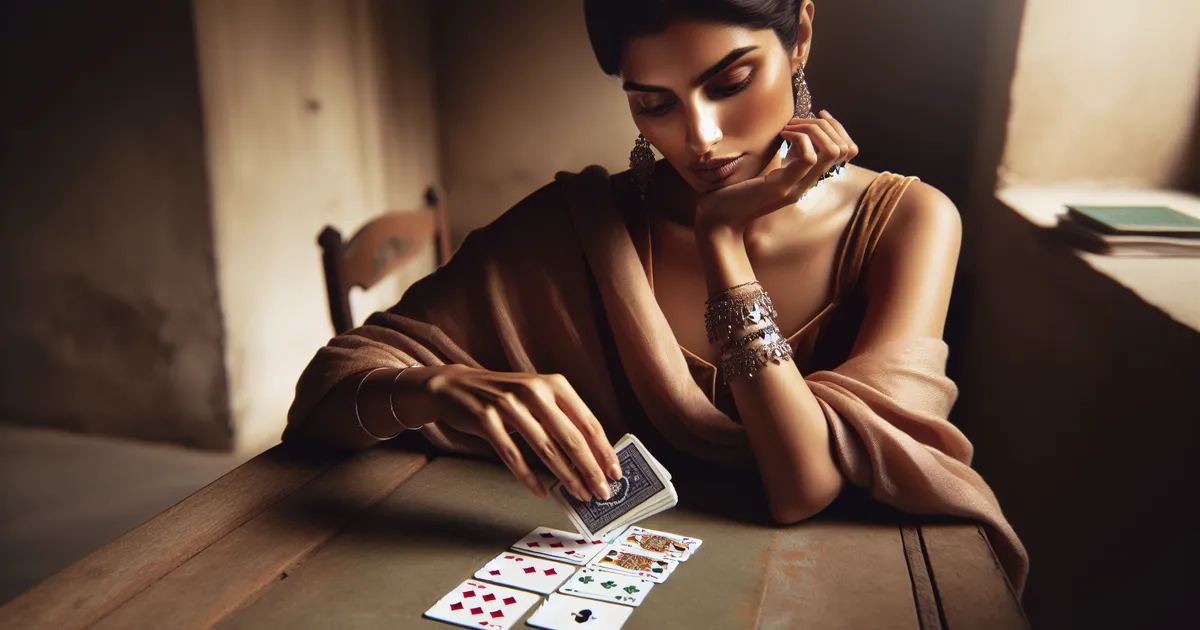 An image portraying a South Asian woman engrossed in a game of Solitaire