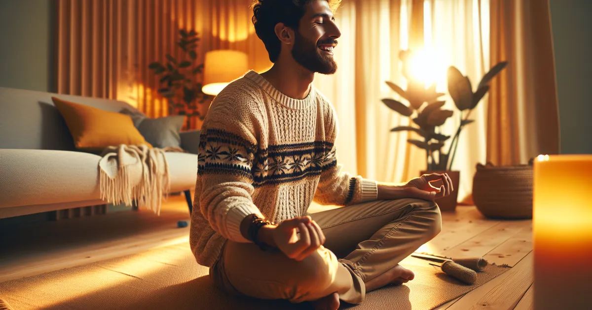 A man meditating peacefully in a warm, natural light setting, reflecting on loving-kindness meditation.