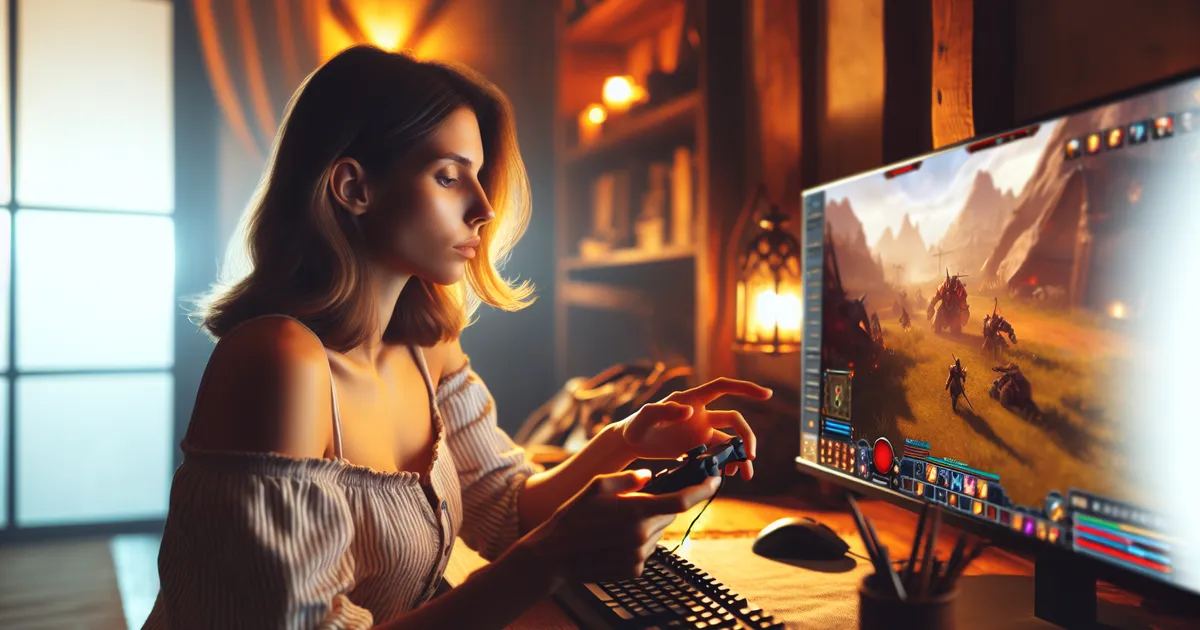 Create an image of a person engrossed in playing a Massively Multiplayer Online Role-Playing Game (MMORPG)