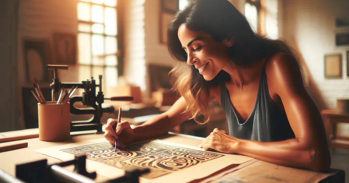 A Hispanic woman actively enjoying the process of creating Calligram Art