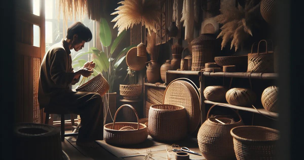 An image displaying a person engrossed in the art of basket weaving