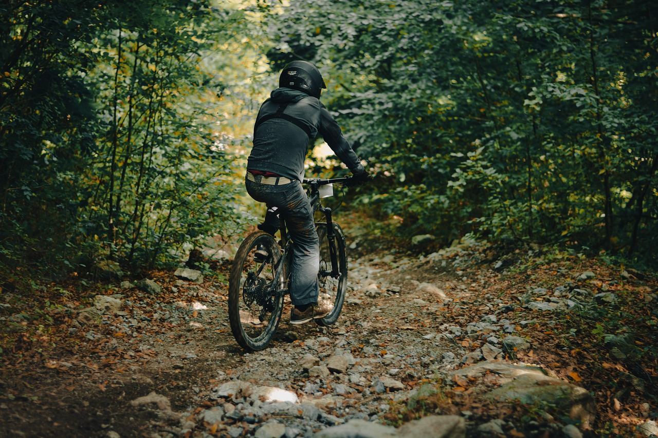 A cyclist navigates a rugged gravel trail surrounded by lush greenery and distant mountains under a clear blue sky.