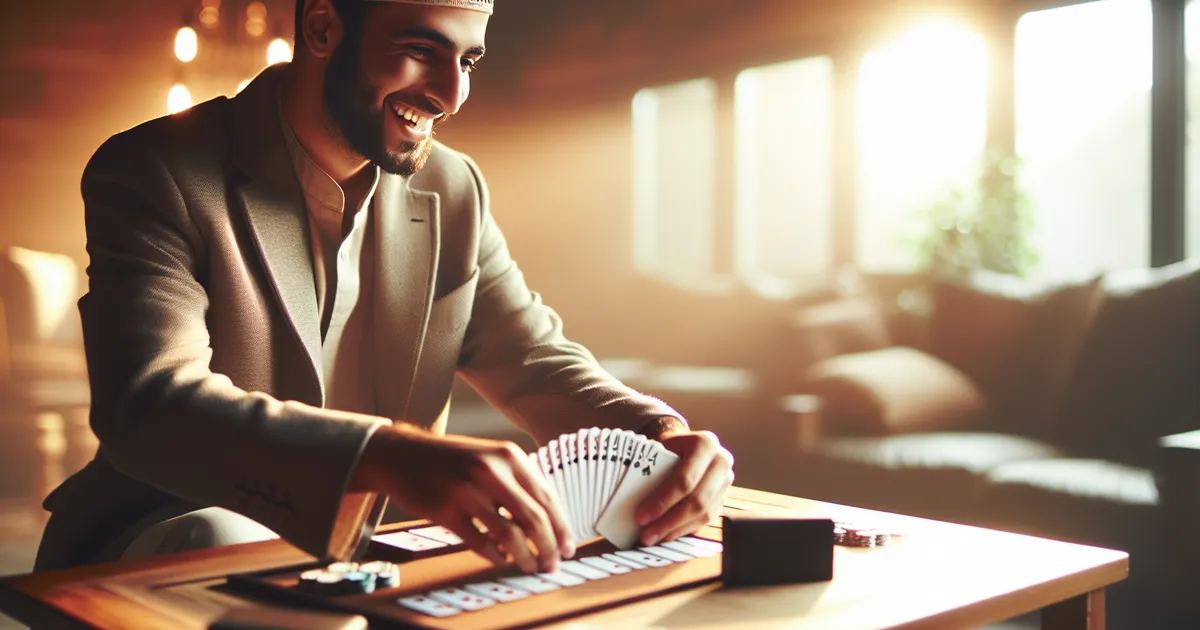 A man joyfully playing cards, embodying the strategic spirit of Whist. Is Whist for you? Let's find out!
