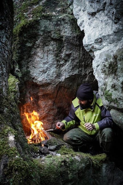 A person crouches by a fire in a rocky wilderness, embodying survival skills and outdoor adventure.