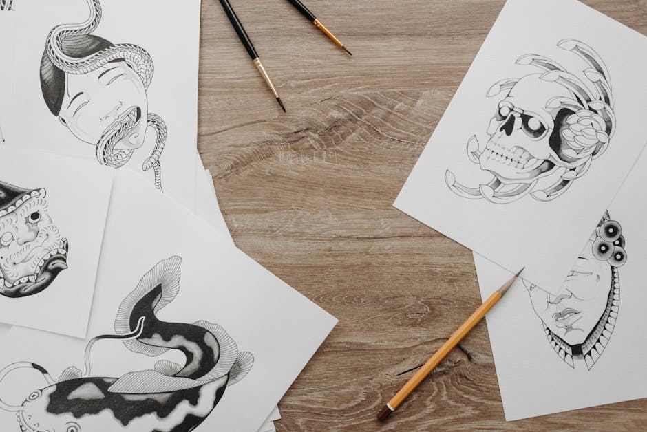 A collection of ink drawings featuring various designs, perfect for mastering ink drawing techniques.