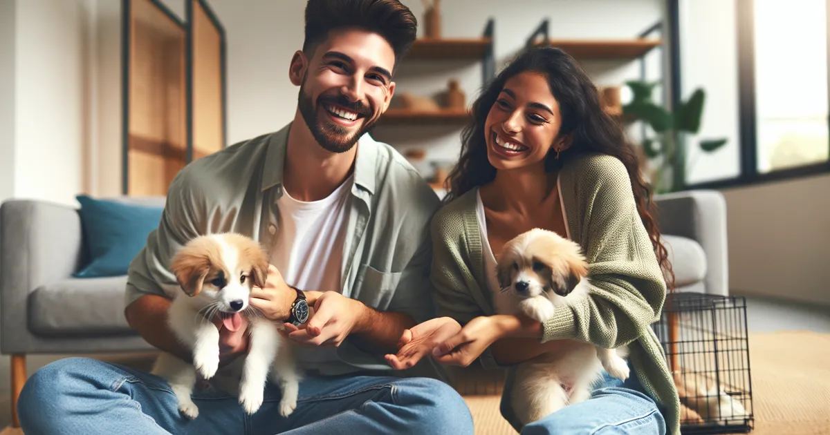 Create an image showing a Caucasian male and a Hispanic female, who are both involved in pet fostering