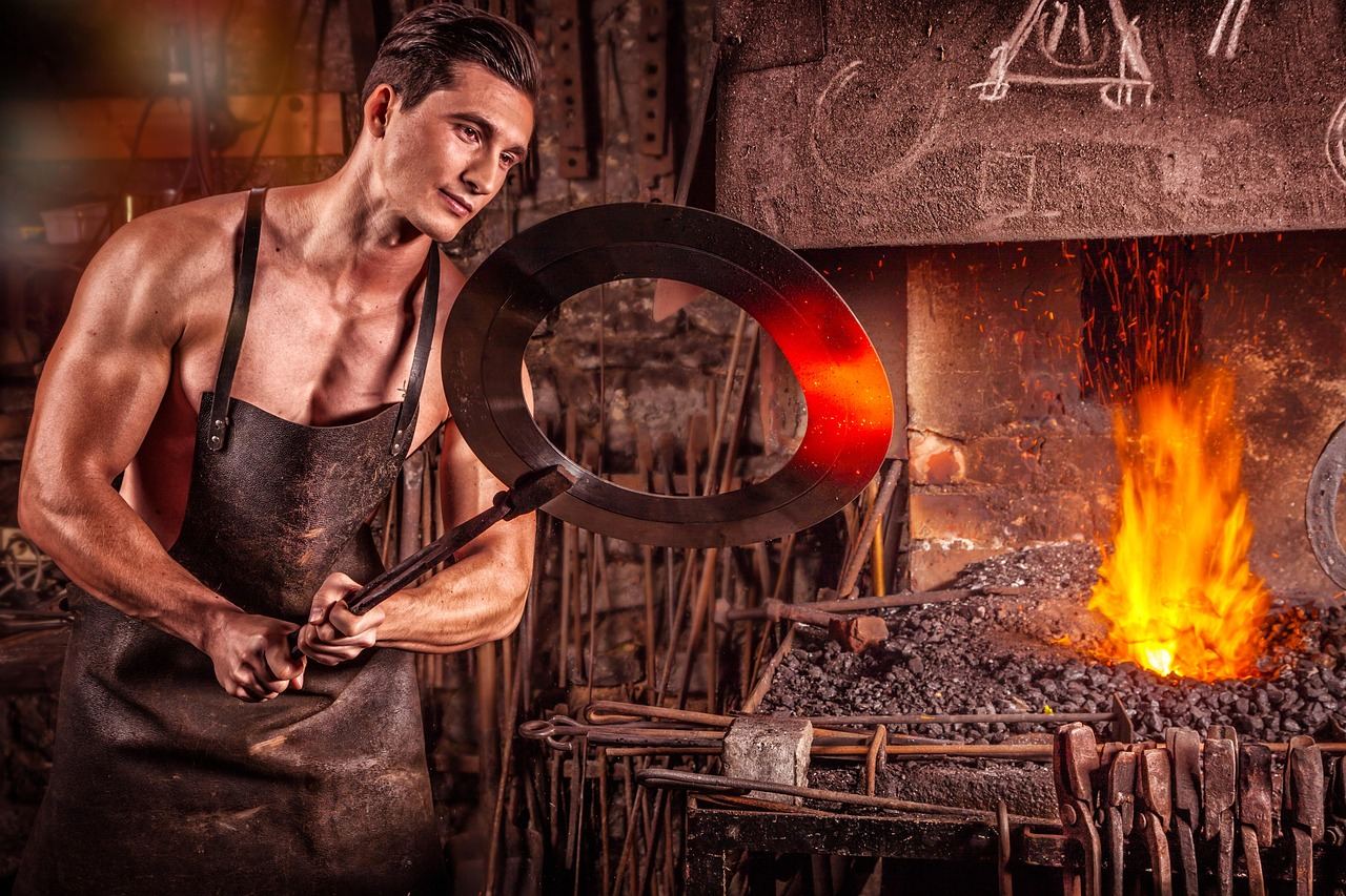 A skilled blacksmith shapes glowing metal with a hammer, surrounded by sparks and tools in a rustic workshop.