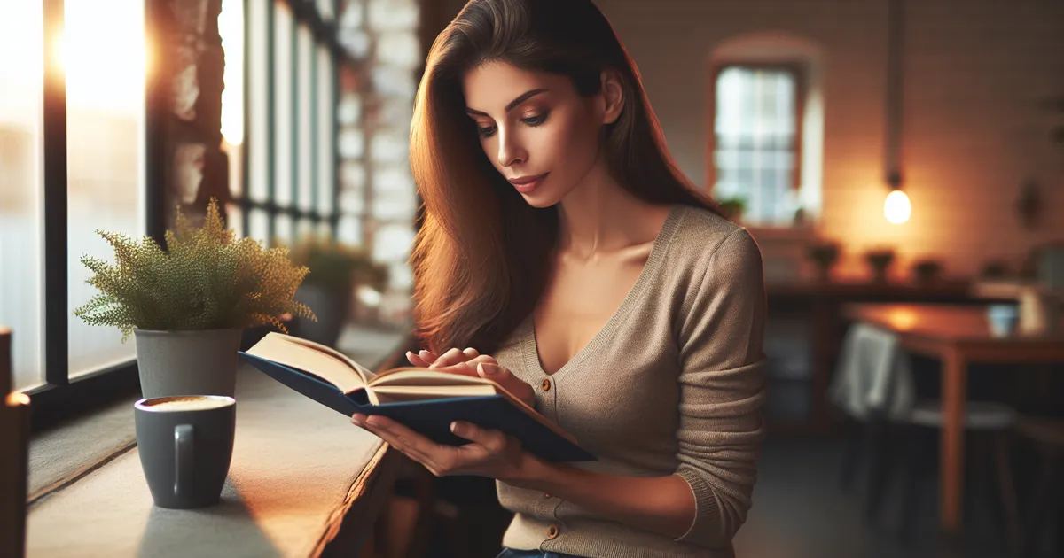 A landscape-oriented image with a 3:2 ratio that portrays a Caucasian female engaging in speed reading