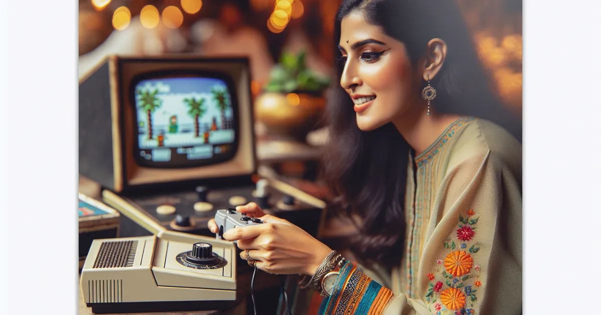 A lively picture featuring a South Asian woman deeply engrossed in retro gaming
