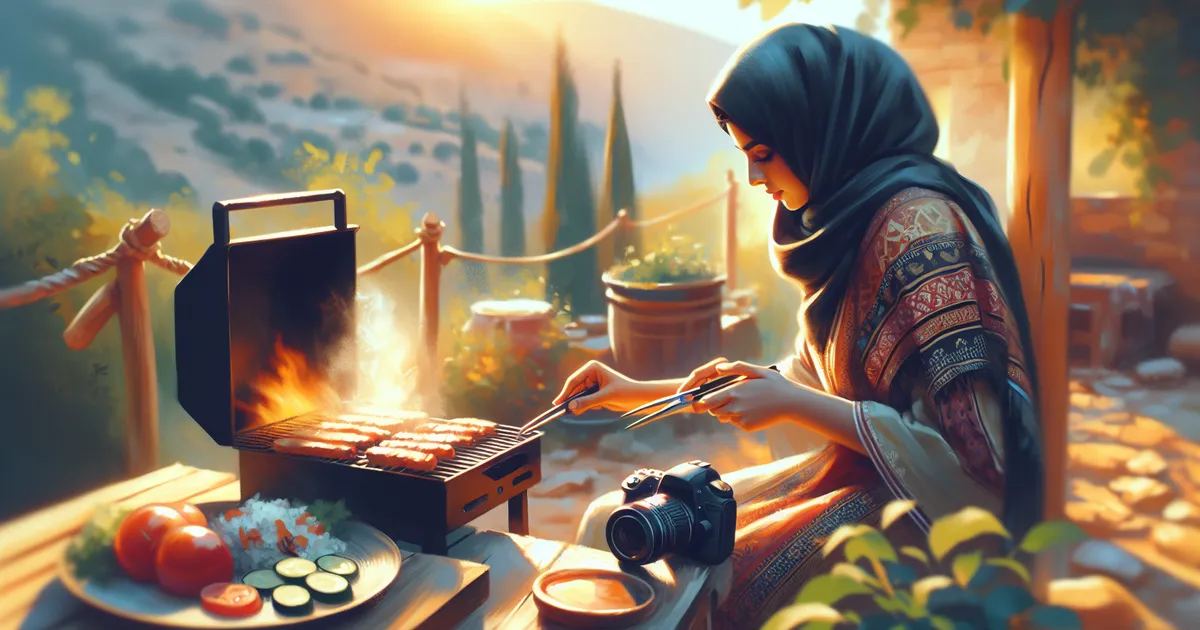 Produce an image capturing the warmth of a day spent outside, featuring a Middle-Eastern woman engrossed in the process