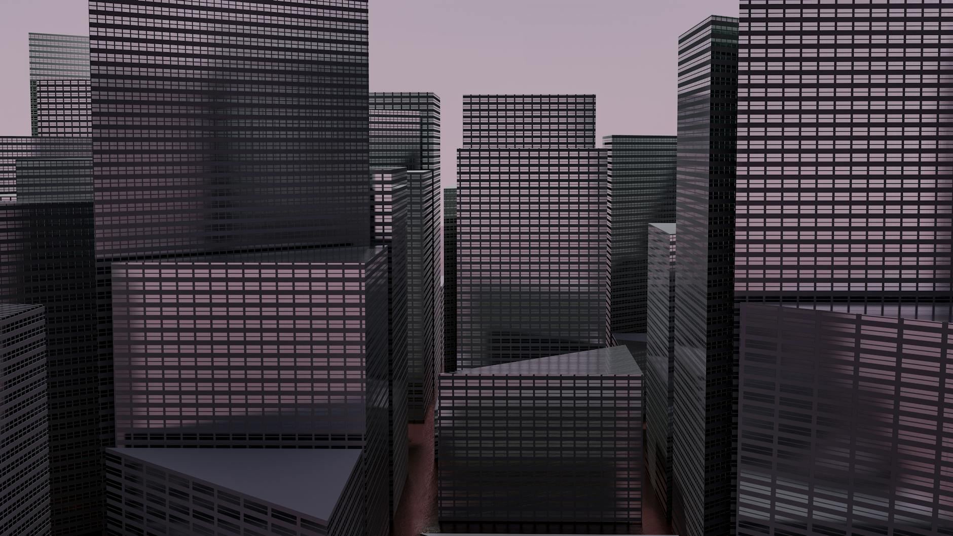 A digital render of a futuristic cityscape featuring skyscrapers at dusk with muted tones.