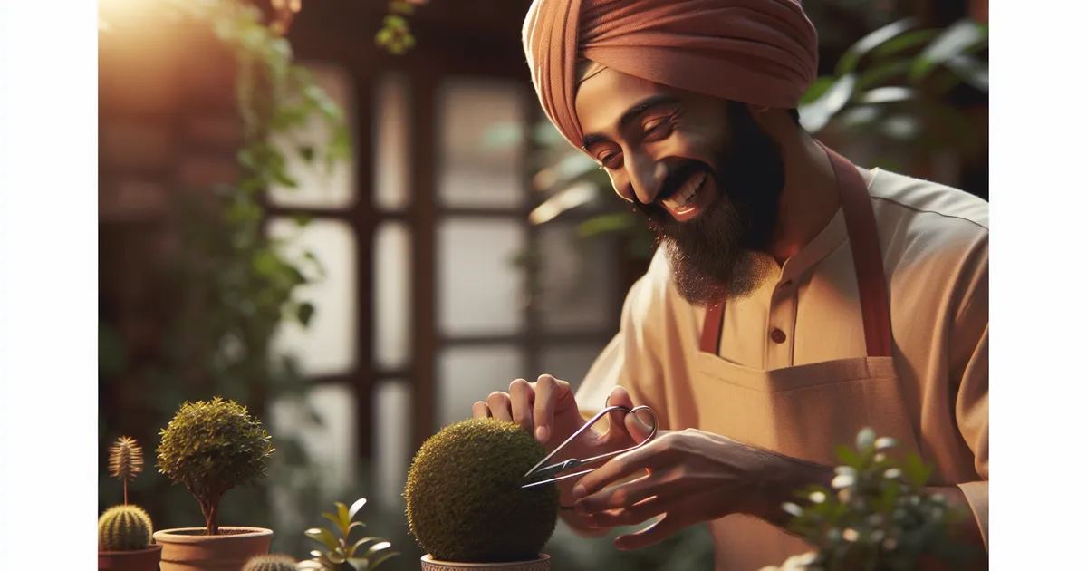 Depict an image of a South Asian male engaging in the art of Topiary, brimming with joy and fascination