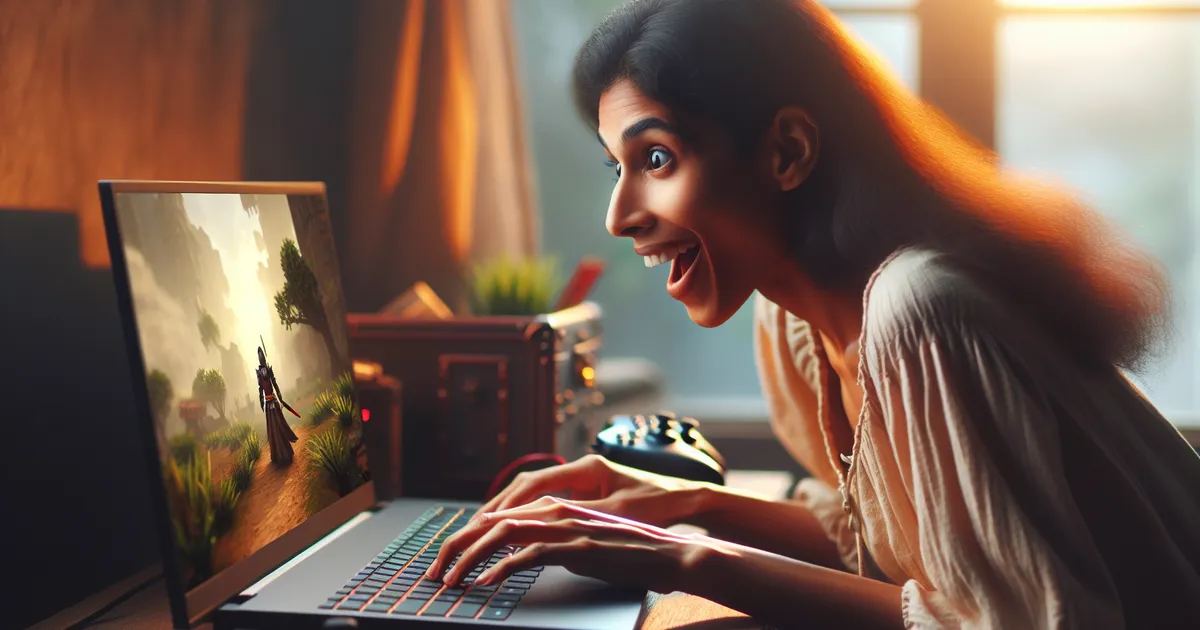 A South Asian woman actively immersed in a Roguelike video game experience