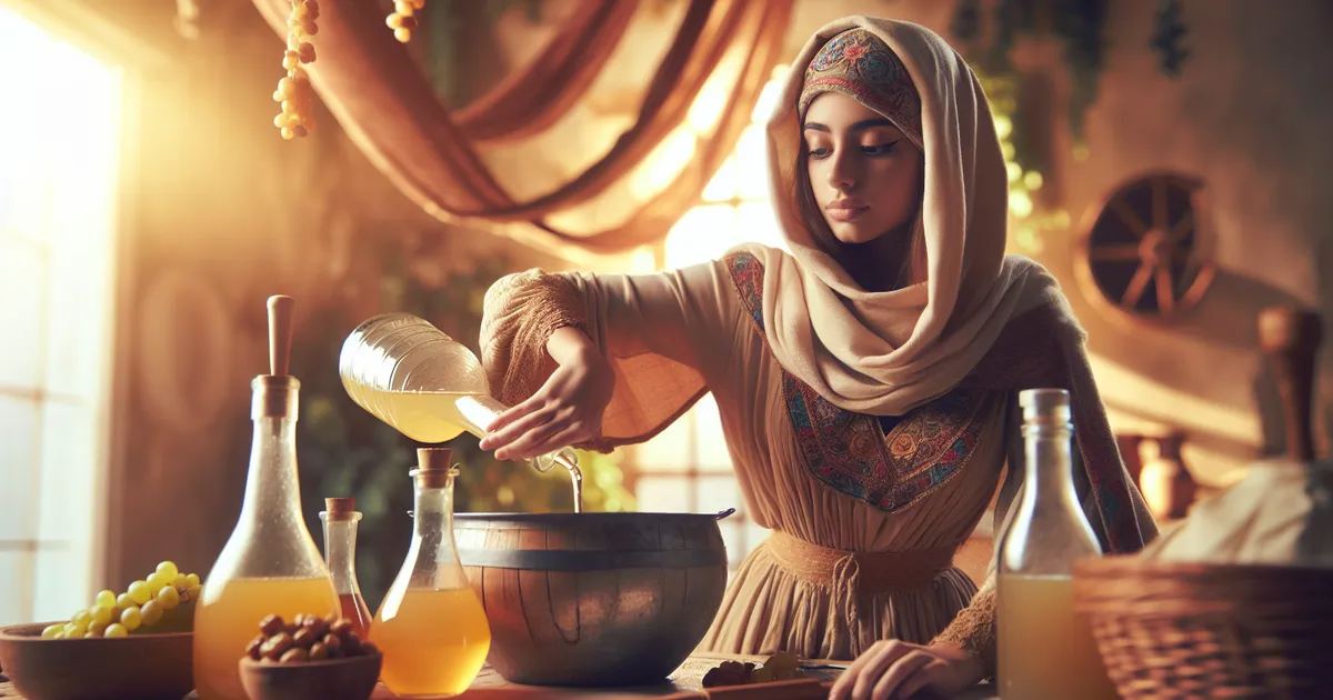 Depict a Middle-Eastern female actively engaged in the process of making mead