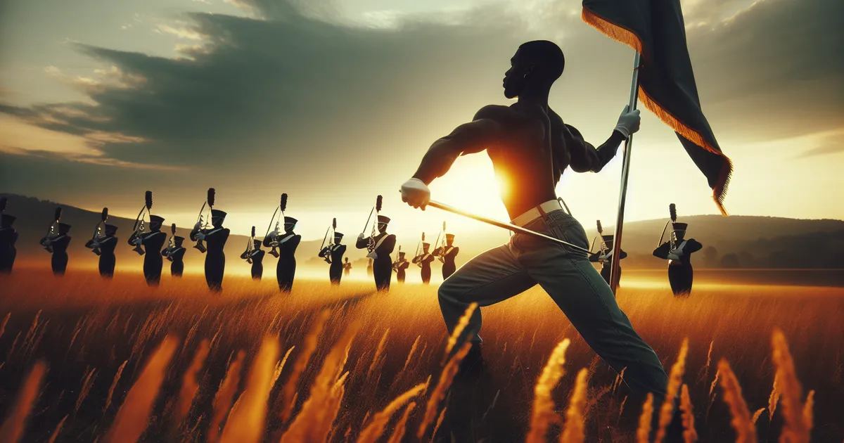 Capture a wide landscape scene depicting a Black male individual engaging in the thrilling activity of Color Guard