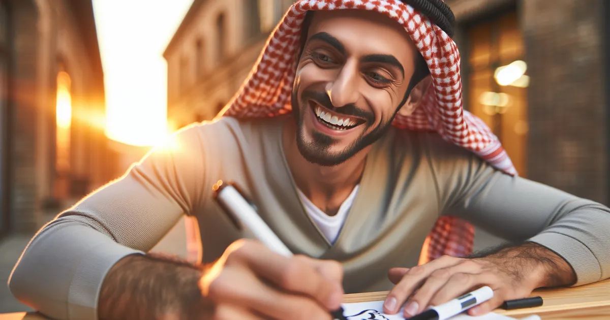 Create an image of a Middle-Eastern man joyfully engaged in marker drawing