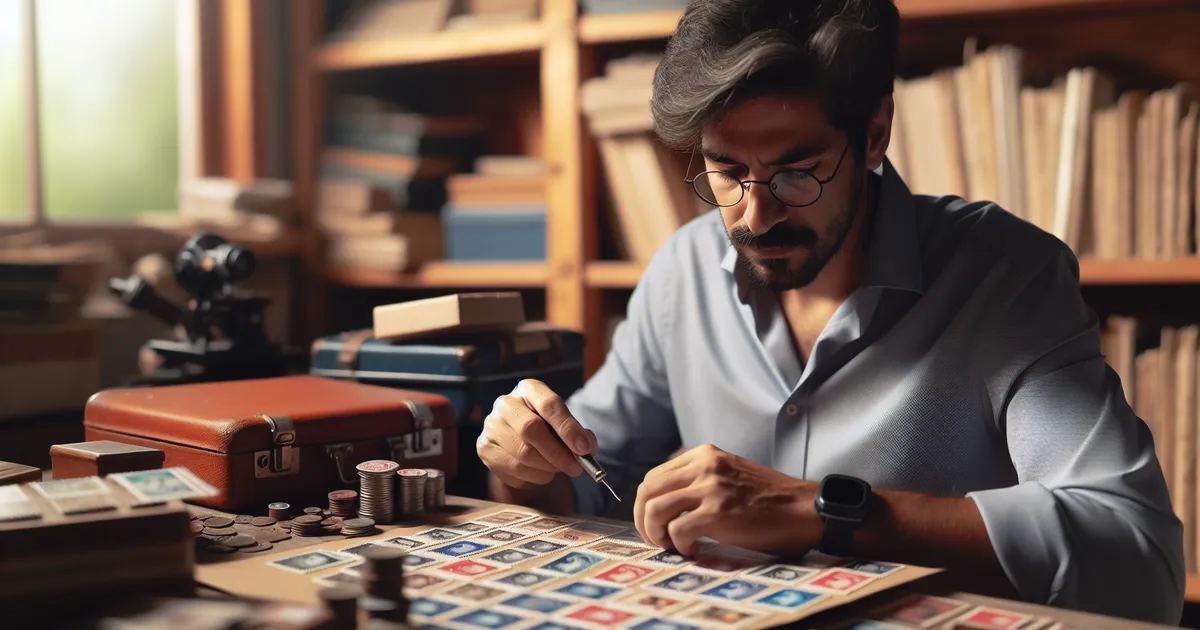 Generate a landscape oriented (3:2 ratio) image showing a Hispanic man deeply engrossed in the hobby of stamp collecting