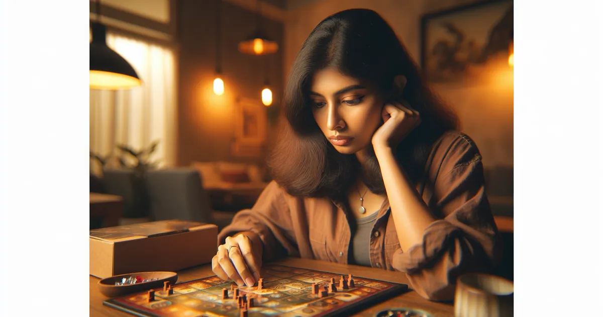 Depict a scene of a South Asian woman deeply absorbed in the world of solo board gaming