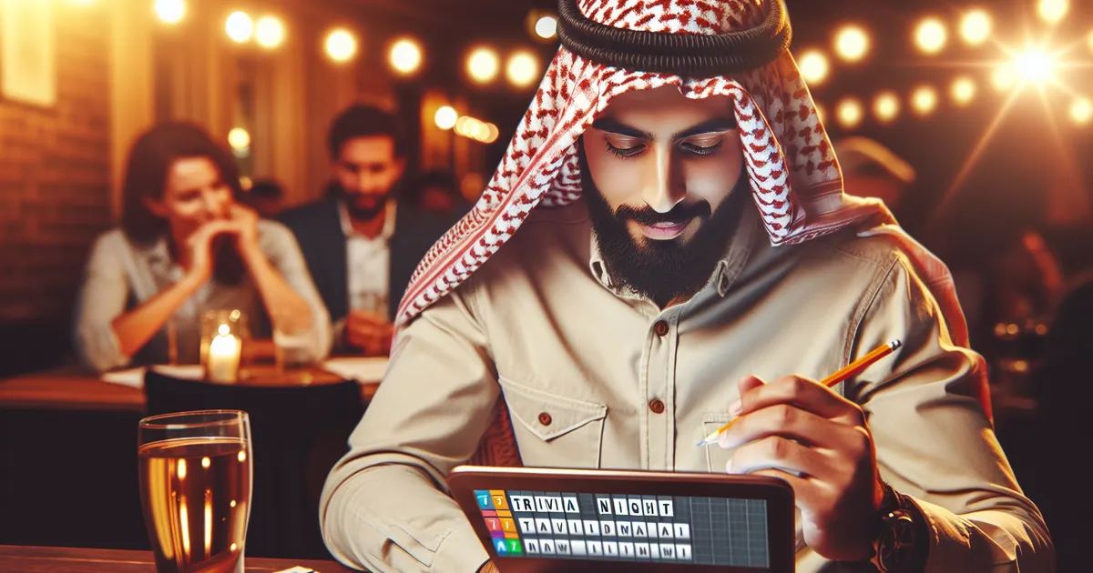 Create a realistic, high-resolution image showing a Middle-Eastern male engrossed in a Trivia Night event