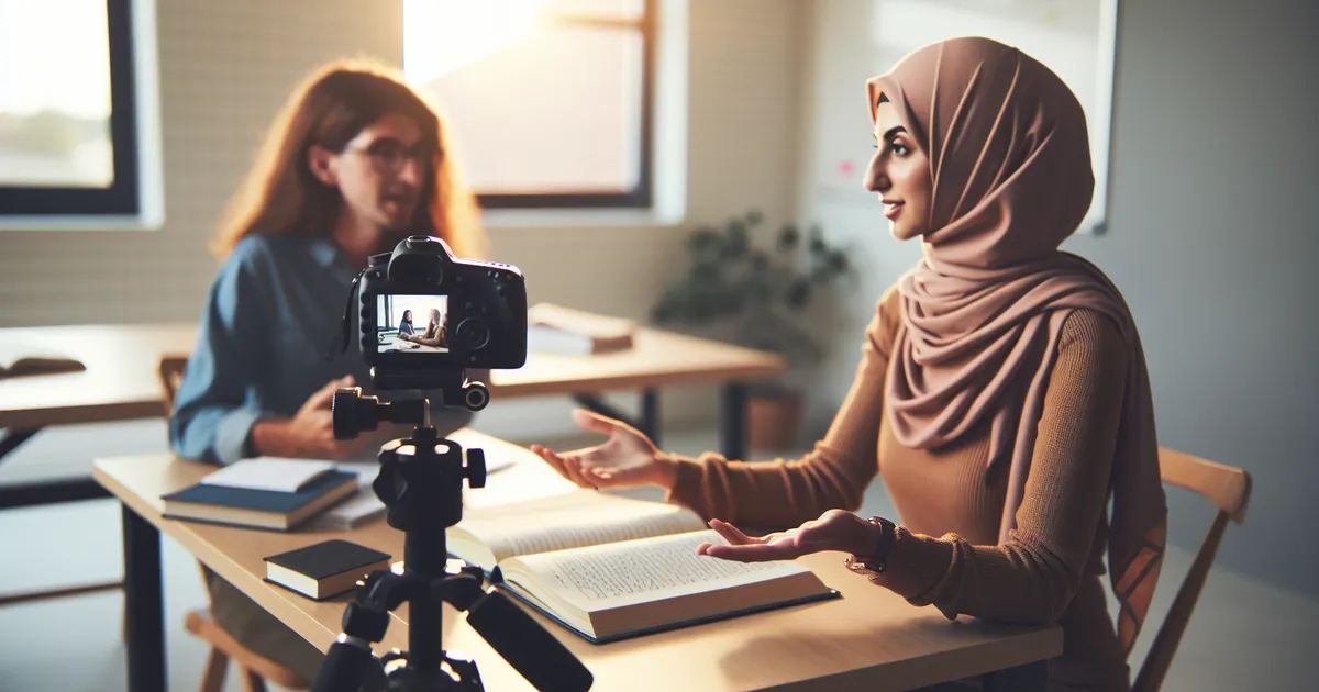 Create an image featuring a Middle Eastern woman engaging in a teaching coaching session
