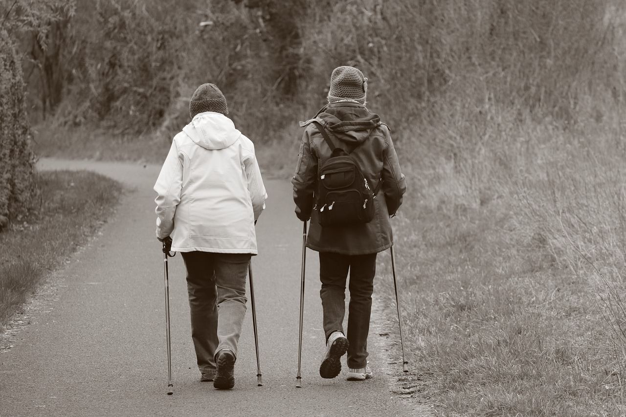 Two individuals practicing Nordic walking on a path, exploring nature's trails. Is Nordic Walking for you? Let's find ou