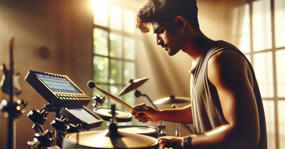A South Asian man fully engrossed in playing an electronic drum set