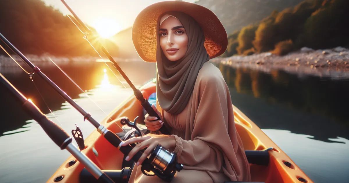 Create an image of a Middle-Eastern woman enjoying kayak fishing