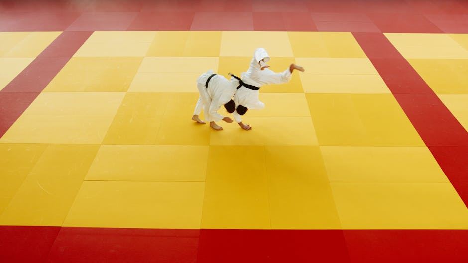 Two martial artists practice on a colorful training mat. One, wearing a black belt and a white uniform, executes a technique, while the other, also in a white uniform, appears to be in a defensive position. The mat features alternating yellow and red squares, creating a vibrant training environment.