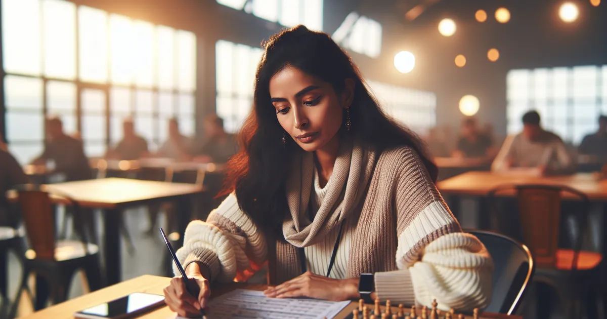 A woman writes notes in a lively setting, perfect for trivia competitions. Is Trivia Competitions for you? Let's find ou