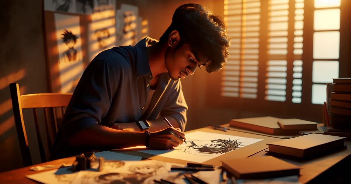 A South Asian male is deeply engrossed in his work, creating anime drawings
