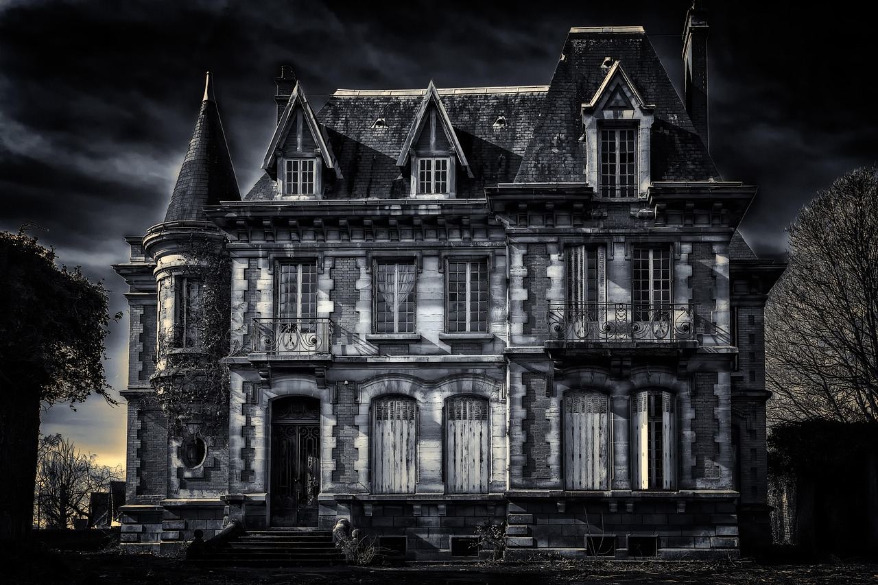 A dilapidated villa shrouded in mist, with cracked windows and overgrown vines, exuding an eerie, haunted atmosphere.