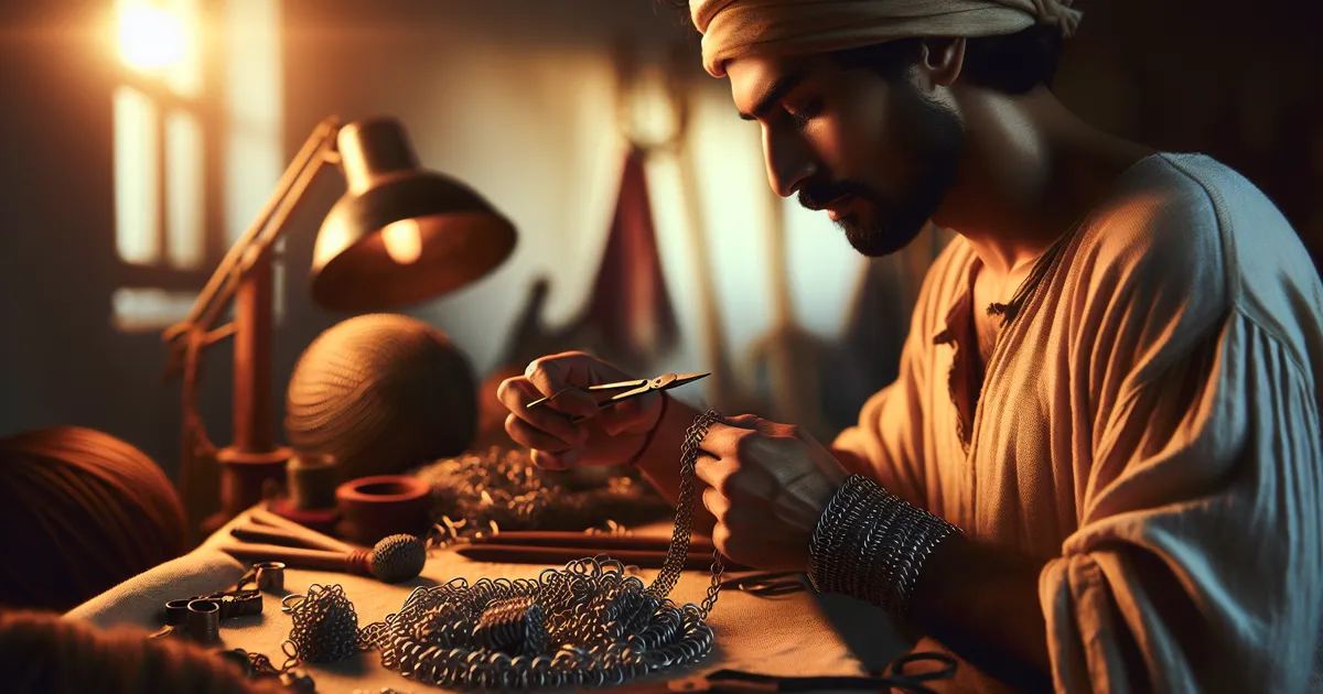 Create a realistic, high-resolution image of a South Asian male indulging in the art of making Chainmaille, filled with