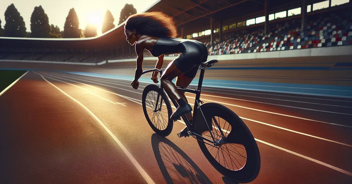 Create a detailed image of a Black female track cyclist passionately engaged in her sport