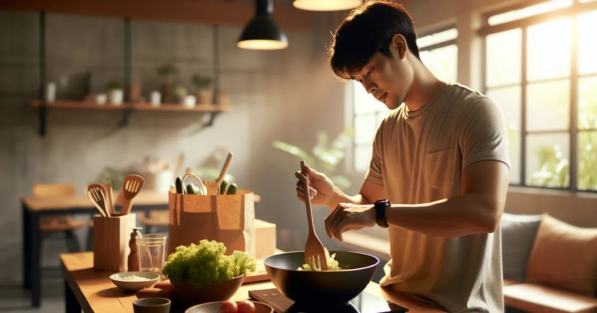 A high-resolution image that captures an Asian male actively engaging in meal preparations